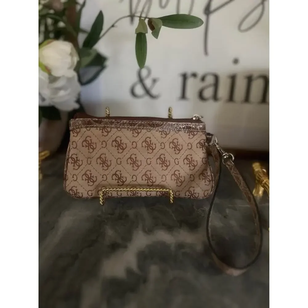 Vintage Y2K Guess Monogram Wristlet Tan Brown Logo Mini Micro Wallet Clutch